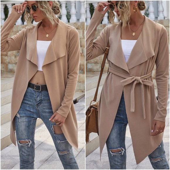 021 Khaki Tan Vegan suede waterfall belted coat jacket - Picture 2 of 2